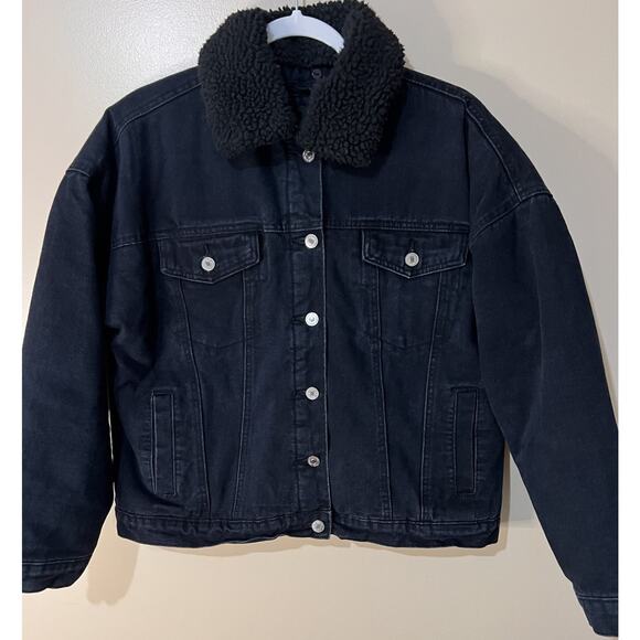 Women Black Denim Trucker Jean Jacket Removable Sherpa Collar SZ Med Forever 21 - Picture 2 of 8